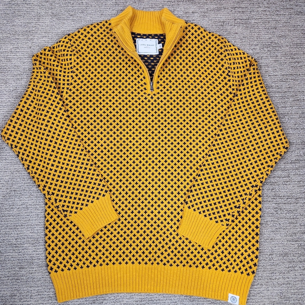 Long Wharf Supply Co. Edgartown 1/4 Zip Pullover Sweater Mustard Yellow Navy XL